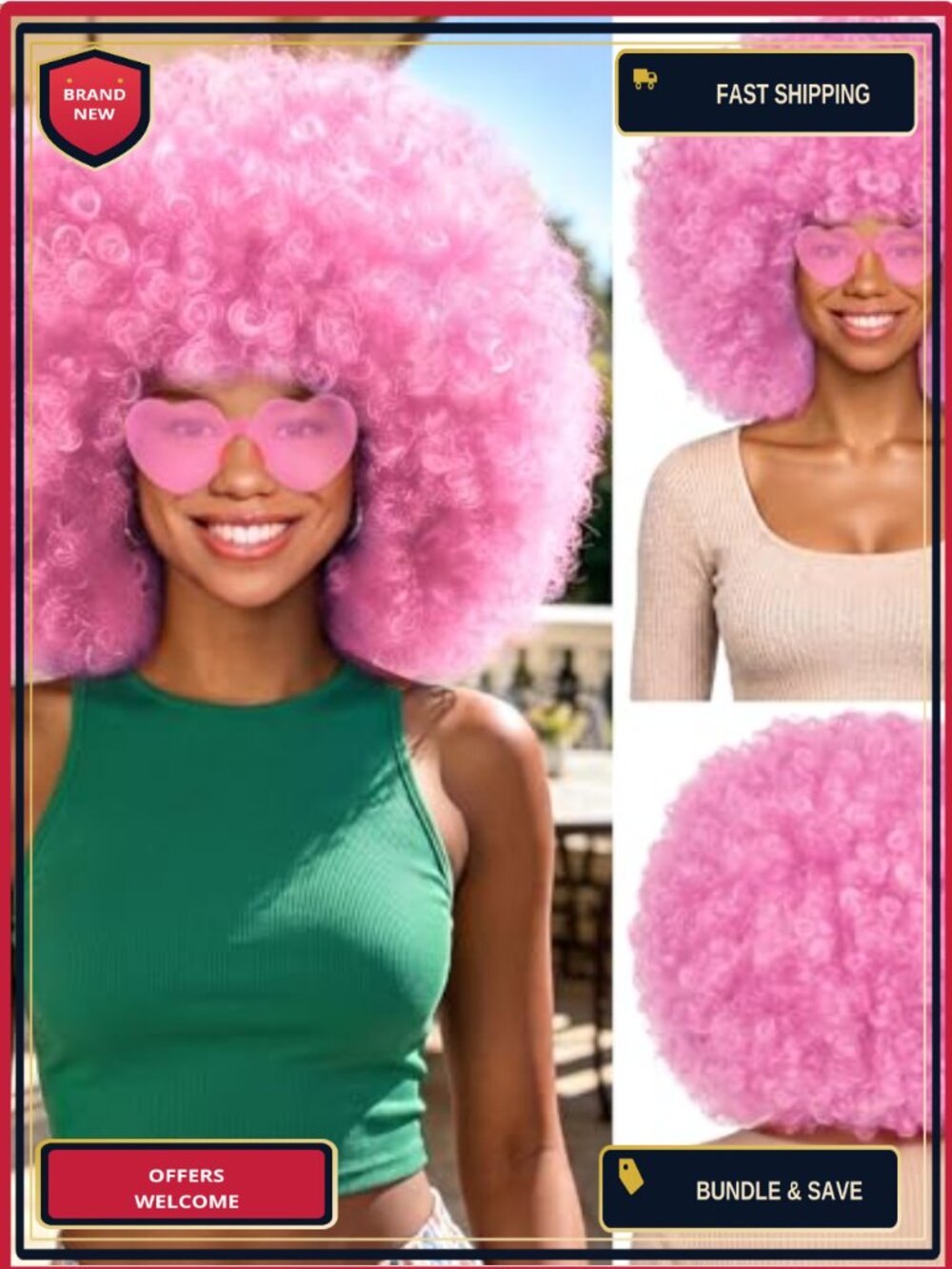 Fluffy Curly Afro Wig Set with Heart Sunglasses & Hair Net